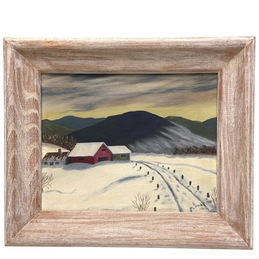 Vintage Painting Snowy Landscape with Barn Signed Original Rustic Farmhouse Art